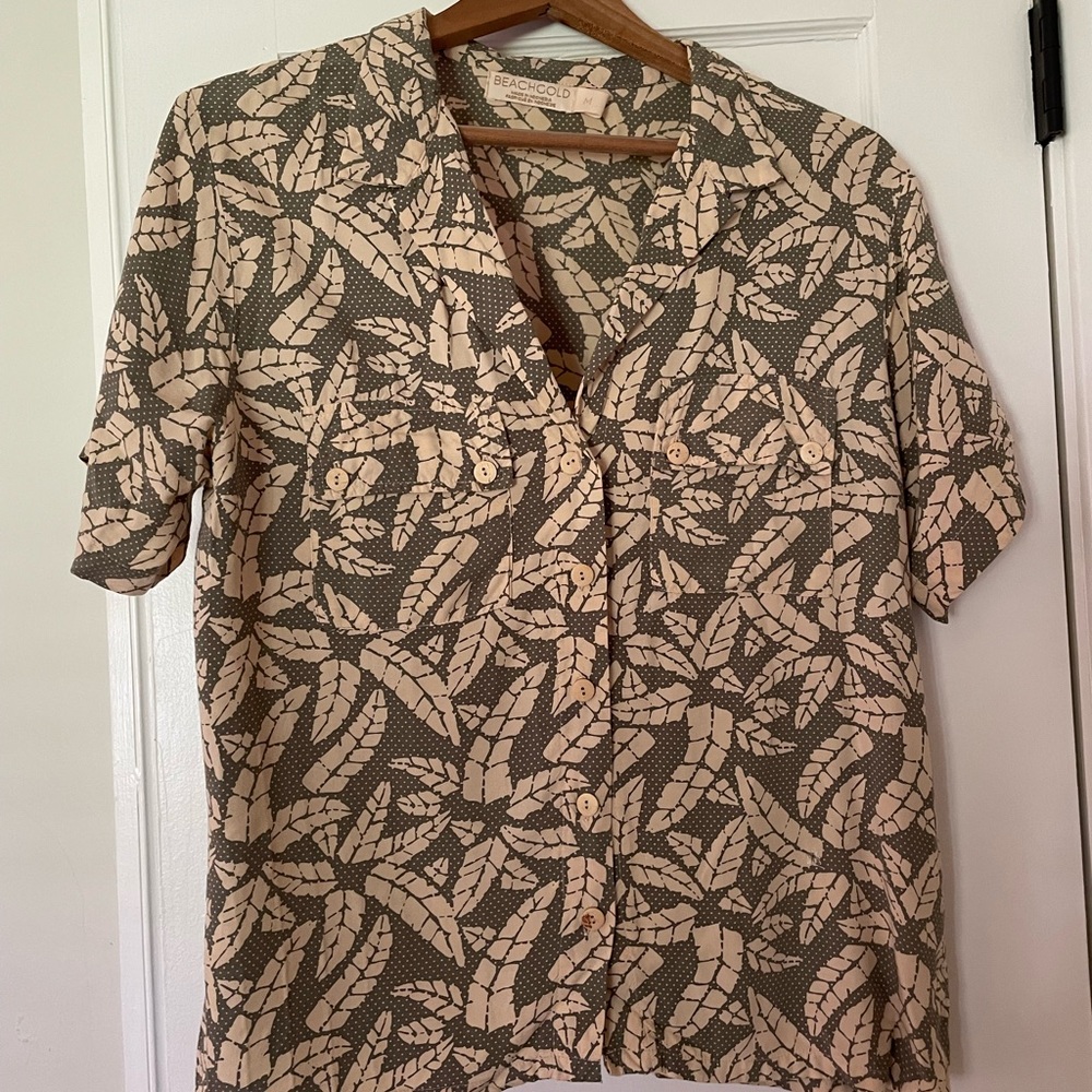 Anthropologie  Cream and Green Casual Button Down Shirt